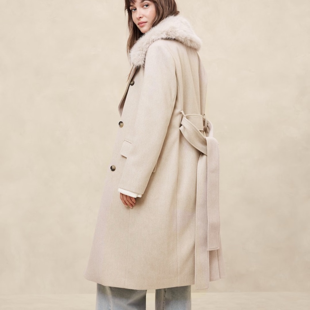 NWT XL Banana Republic Factory Cream Trench Coat with Fur Collar - Picture 3 of 5